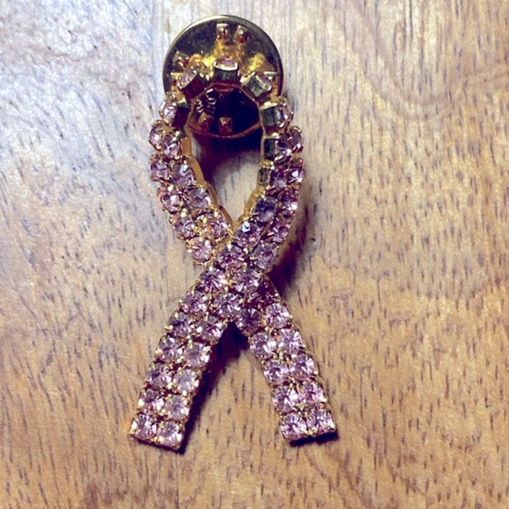 Vintage Ballou Pink Rhinestone Pink Ribbon Breast Cancer Lapel Pin Ladies Brooch